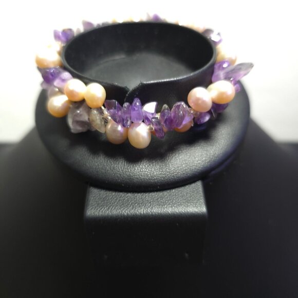 Amethyst & Freshwater Pearl Stretch Bracelet - Purple & Pink Beaded - Picture 2 of 7